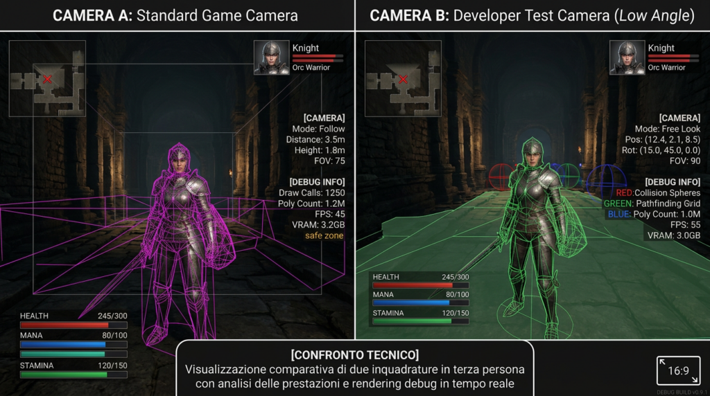Confronto tecnico in split-screen 16-9 tra due diverse inquadrature in terza persona