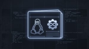 Pinguino Tux con ingranaggio open source su sfondo di codice bash