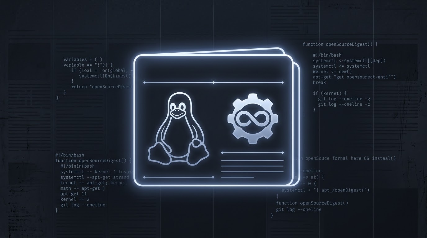 Pinguino Tux con ingranaggio open source su sfondo di codice bash