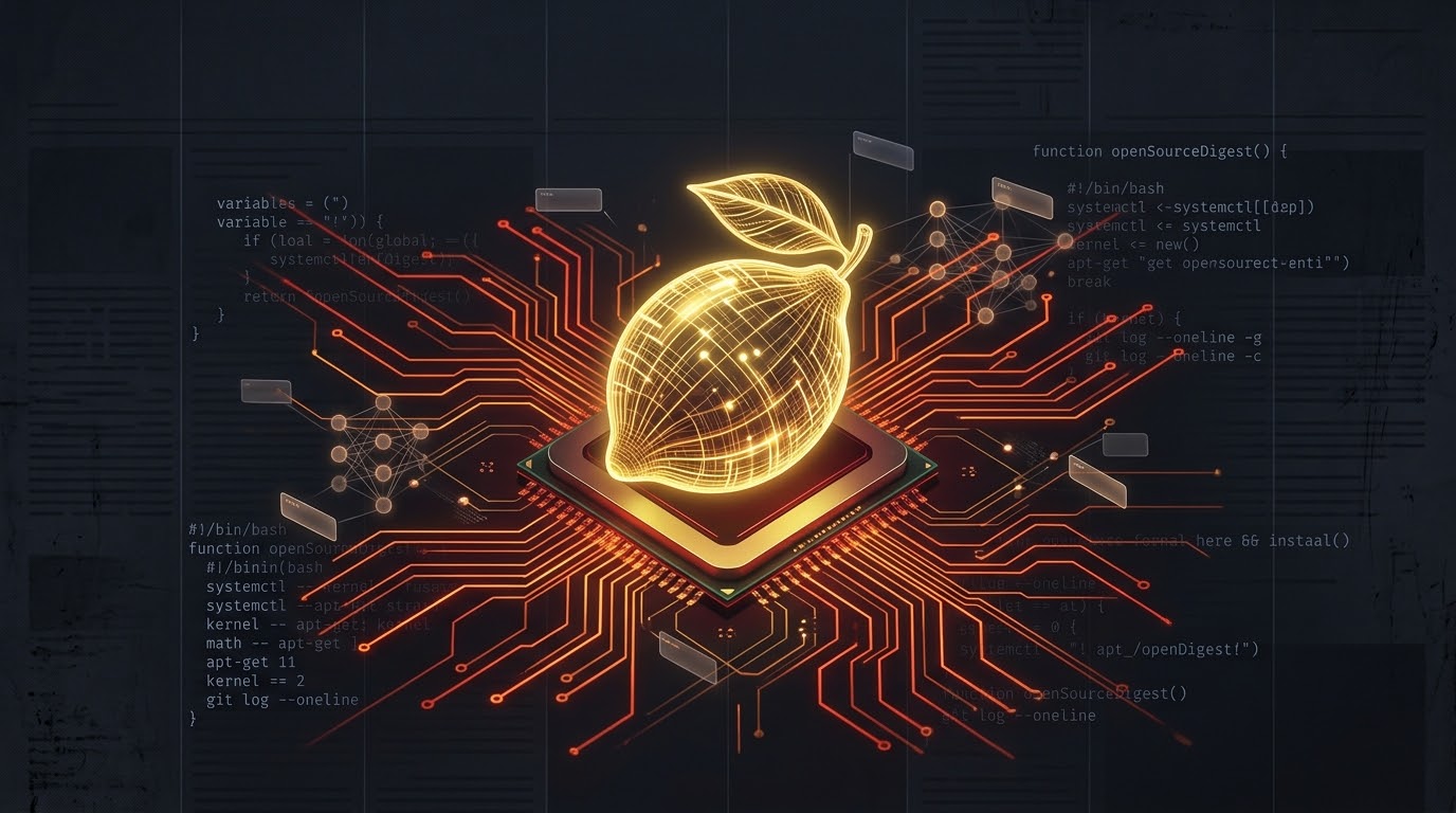 Limone dorato su chip AMD con circuiti arancioni, illustrazione Lemonade server AI