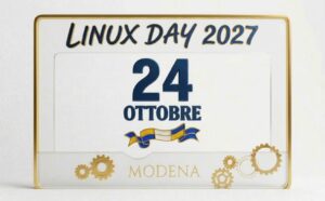 Locandina del Linux Day 2027 a Modena: data 24 ottobre con ingranaggi e bandiera