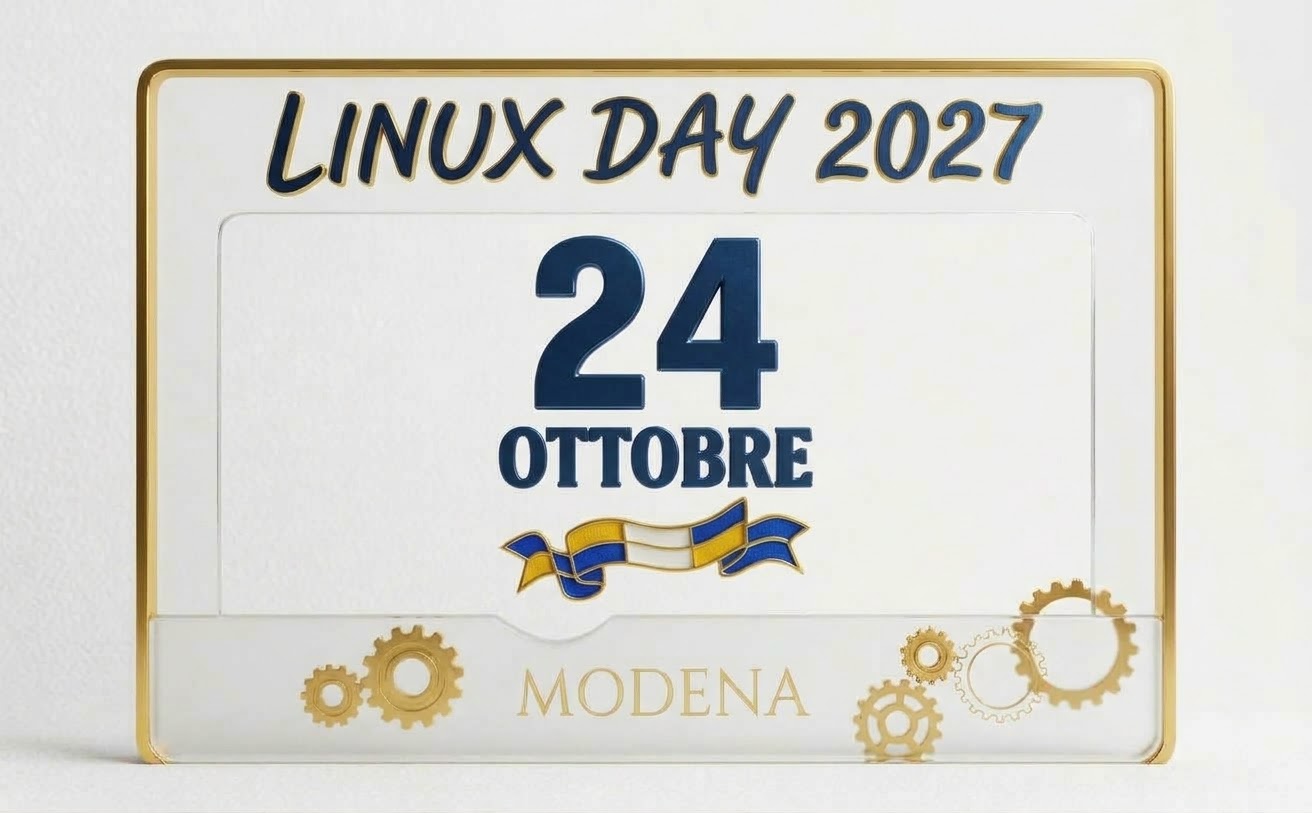 Locandina del Linux Day 2027 a Modena: data 24 ottobre con ingranaggi e bandiera