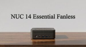 Asus NUC 14 Essential Fanless su scrivania in legno, Mini PC nero senza ventola