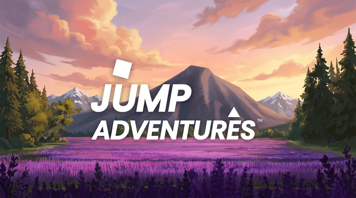 Arte ufficiale di Jump Adventures con paesaggio montano e campo di lavanda al tramonto