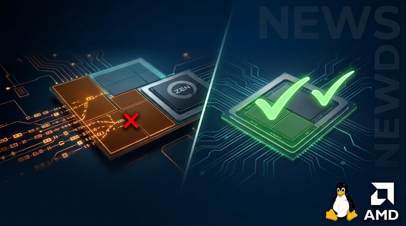 Confronto chip AMD Zen con X rosso e spunta verde, correzione bug TLBI Erratum 1718 su Linux