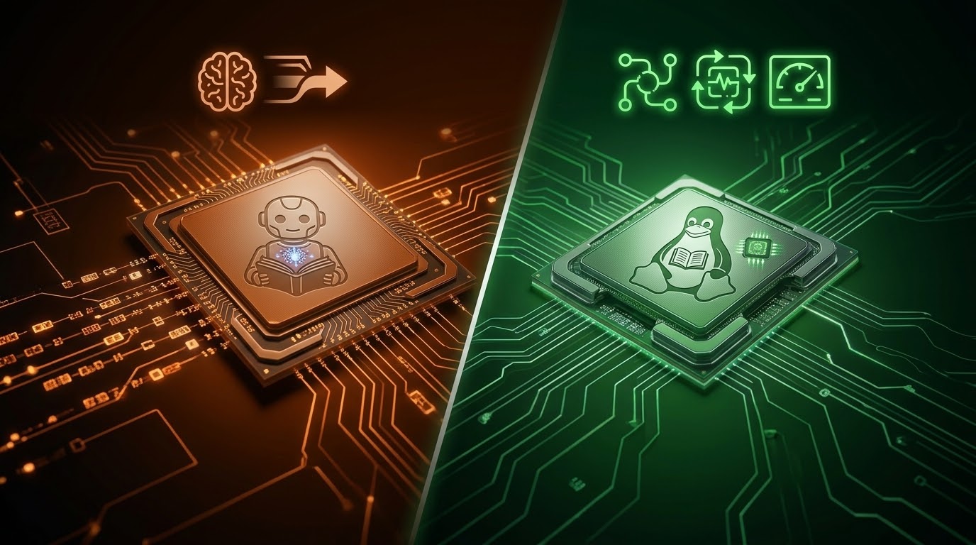 Illustrazione con chip AI e chip Linux Tux a confronto, Claude Code al lavoro sul Kernel Linux
