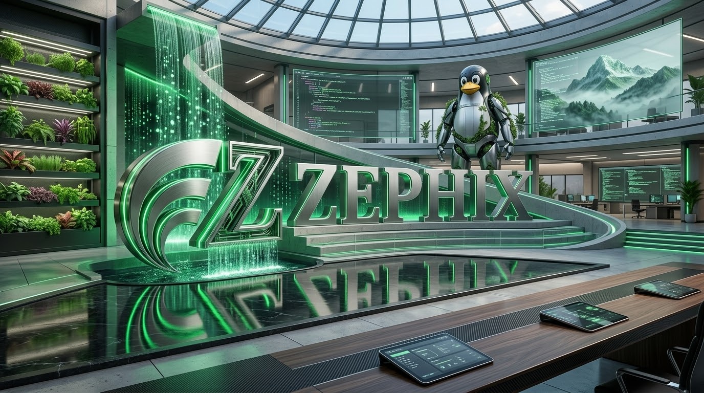 Logo Zephix 9 con mascotte Tux in ambiente futuristico verde, nuova distro Linux per gaming