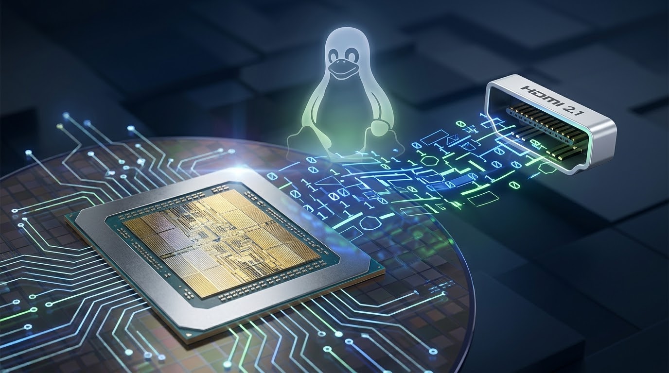 Logo Tux Linux su chip Intel con connettore HDMI 2.1, illustrazione driver aggiornati