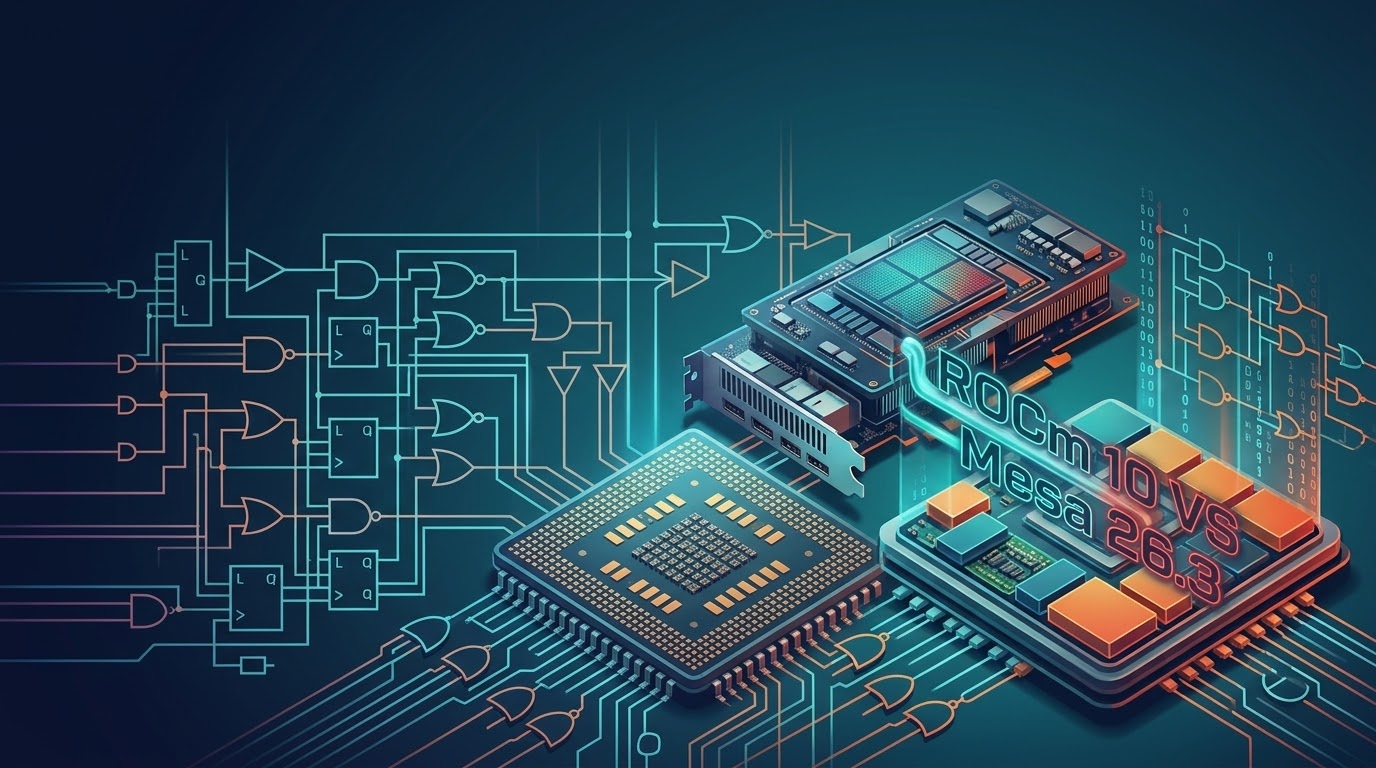 Illustrazione di chip GPU con scritte ROCm 10 e Mesa 26.3 su circuito stampato