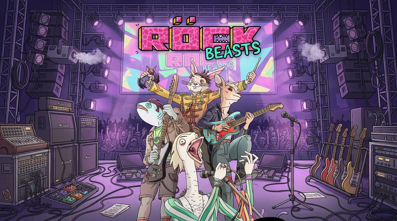 Arte ufficiale di Rockbeasts con personaggi animali rockstar su un palco illuminato